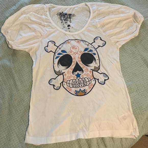 Vintage Y2K girly tee skull True Love grill Drifter Medium 1990 90s tattoo style - Picture 12 of 15